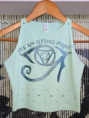 Mint Green Eye Graphic Crop Top Handprinted & Embellished with Swarovski Crystal